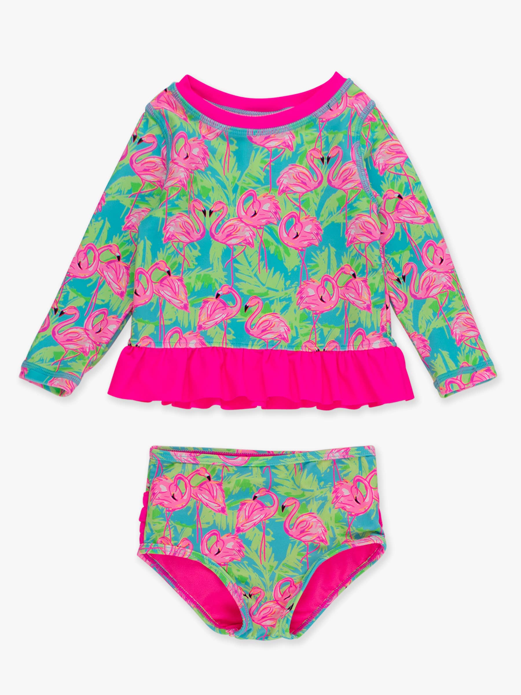 Girls Neon Flamingo Fun Long Sleeve Rash Guard 2-Piece Swimsuit with Signature Rear Ruffles