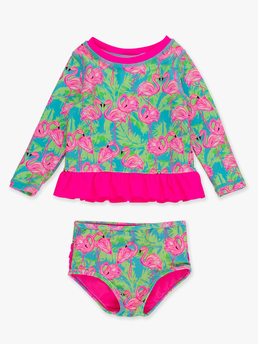 Girls Neon Flamingo Fun Long Sleeve Rash Guard 2-Piece Swimsuit with Signature Rear Ruffles