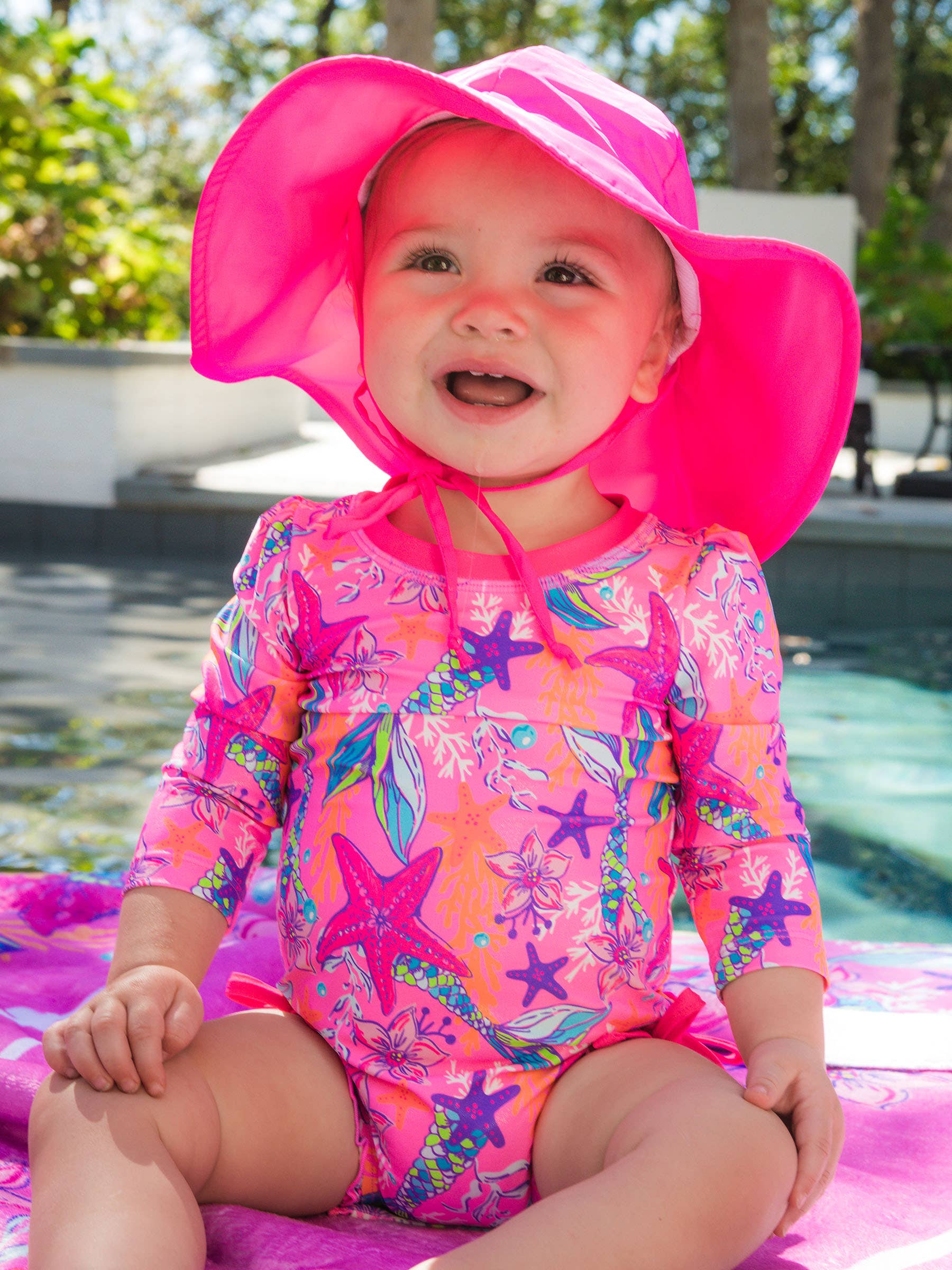 Baby Girls Neon Shimmer Mermaid Long Sleeve One Piece Rash Guard Swimsuit with Signature Rear Ruffles