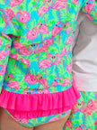 Girls Neon Flamingo Fun Long Sleeve Rash Guard 2-Piece Swimsuit with Signature Rear Ruffles