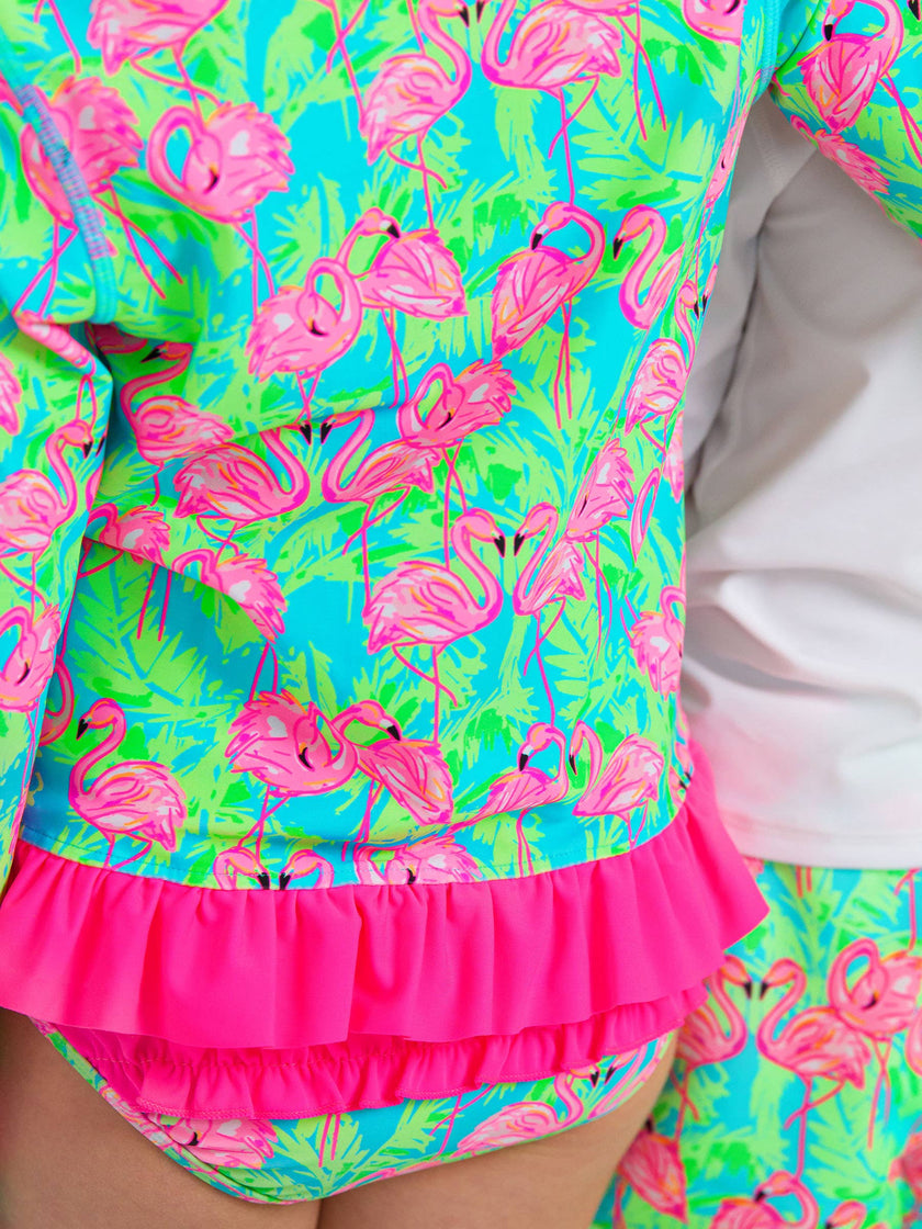 Girls Neon Flamingo Fun Long Sleeve Rash Guard 2-Piece Swimsuit with Signature Rear Ruffles
