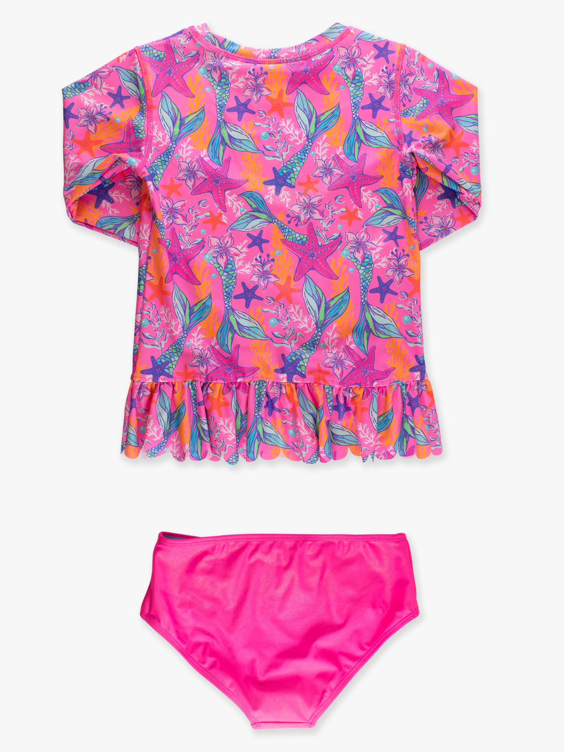 Tween Girls Neon Shimmer Mermaid Scallop Hem Long Sleeve Rash Guard 2-Piece Swimsuit