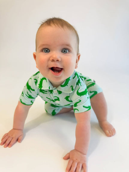 Blue Alligators Bamboo SS Polo Romper