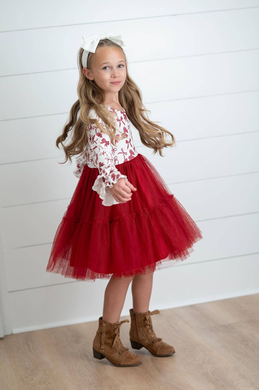 Girls Ella Berry Red Bow Holiday Christmas Twirl Dress