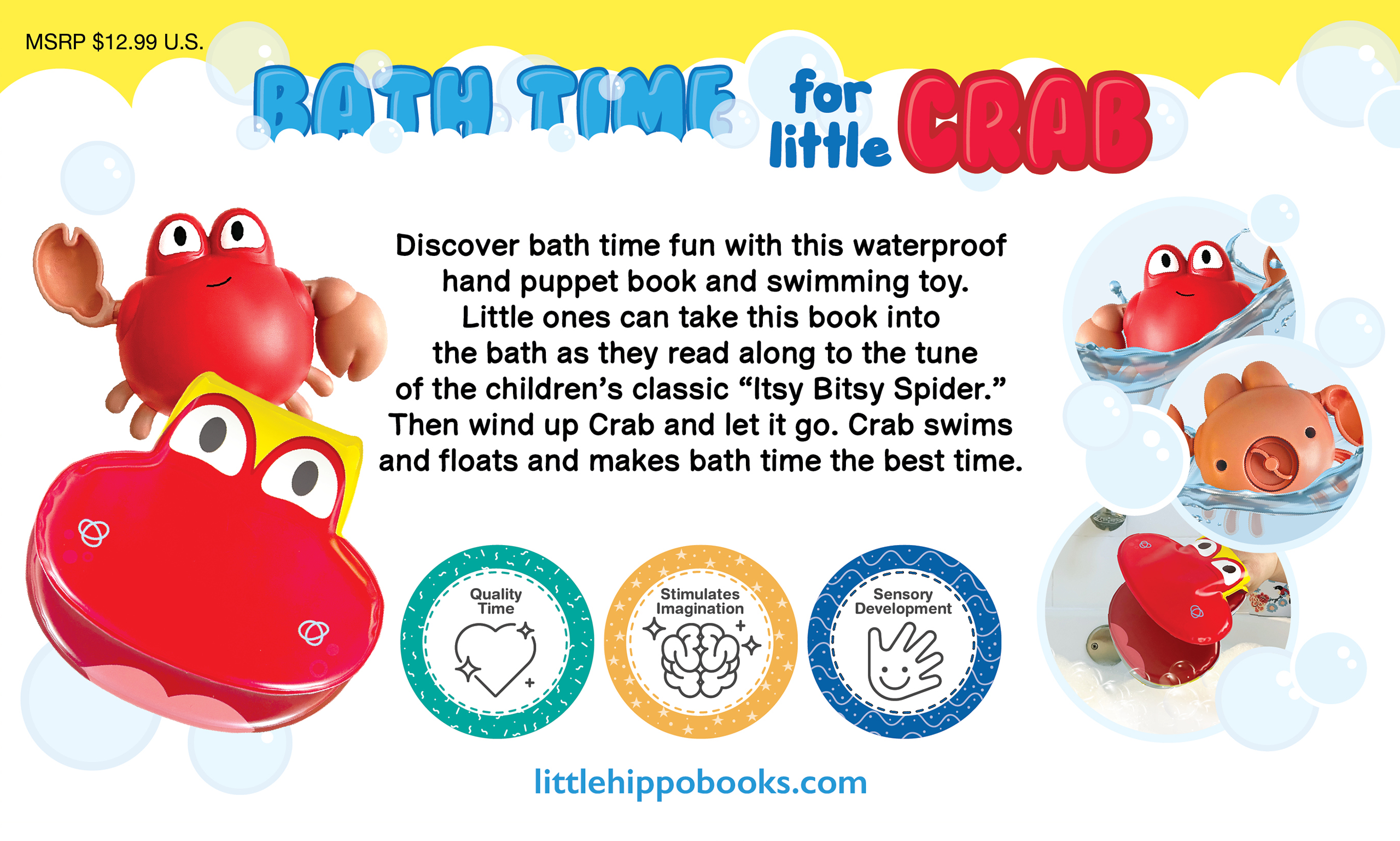 Bath Time for Little Crab - Children's Waterproof Hand Puppet Book and Swimming Toy