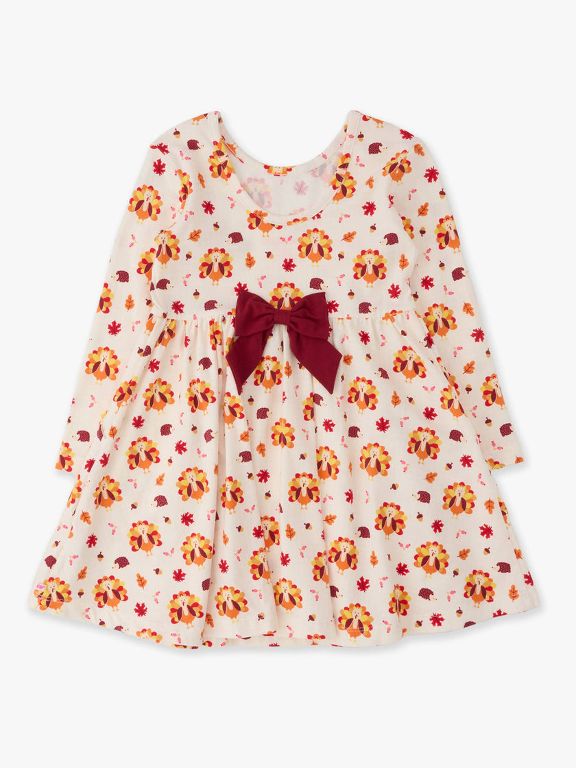 Girls Thanksgiving Turkey Gobble Knit Long Sleeve Twirl Dress