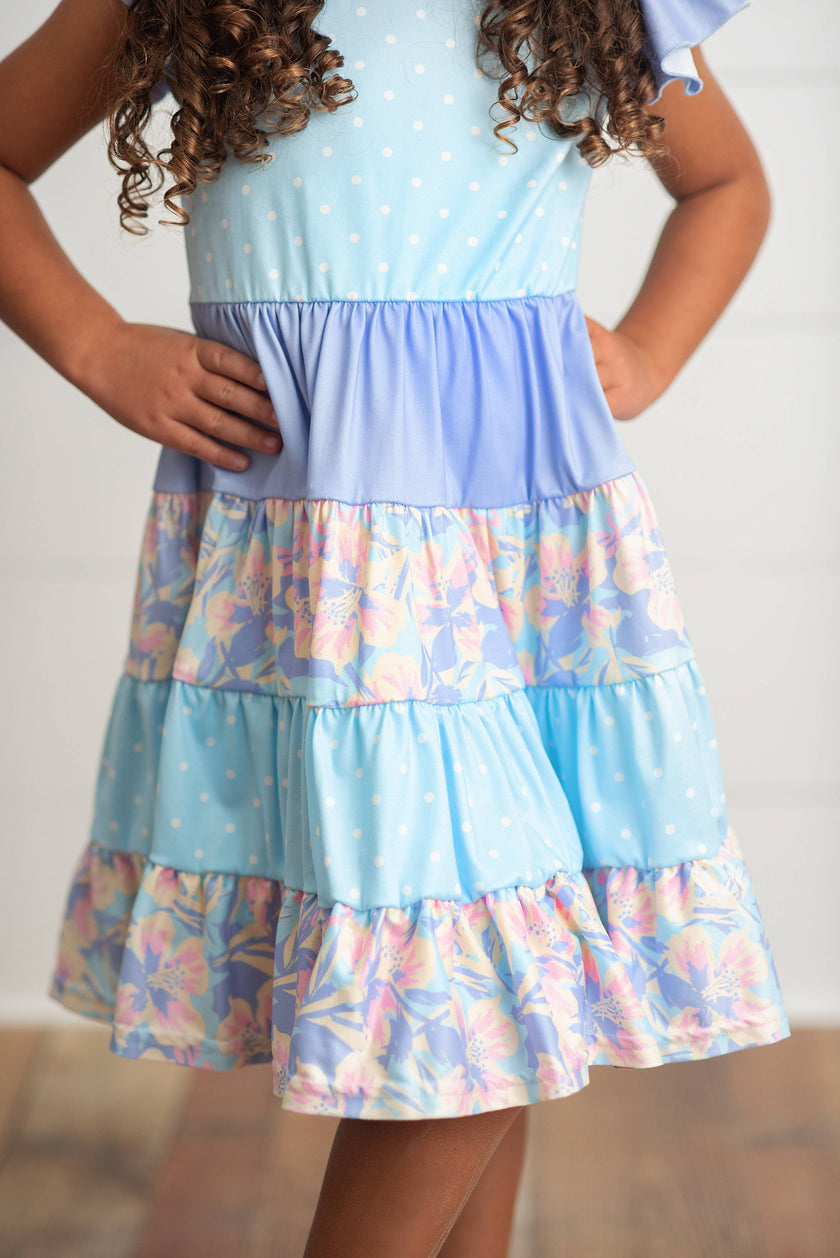 Kids Blue & Purple Polka Dot Floral Tiered Easter Dress