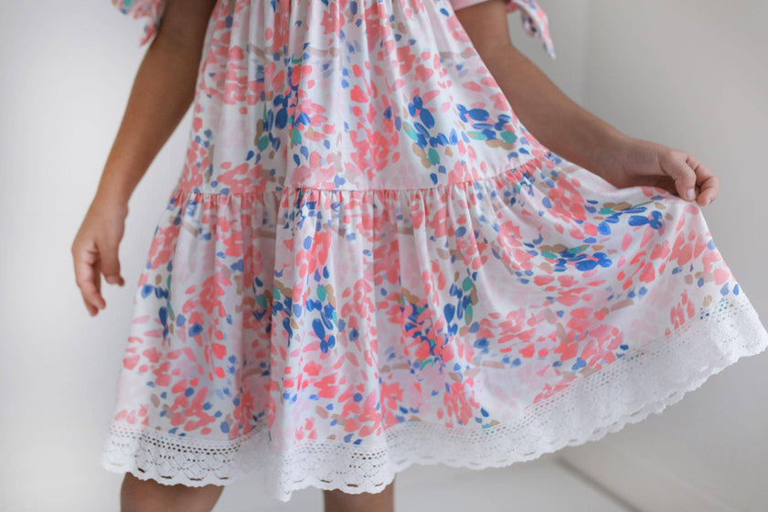 Kids Pink & Blue Lace Tiered Square Neck Dress