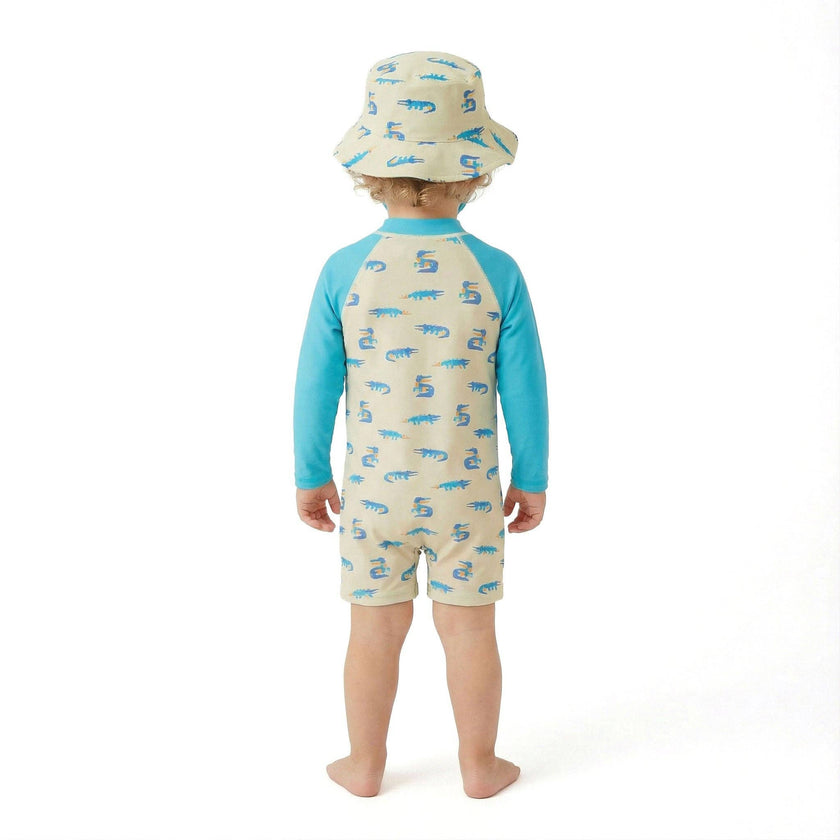 Infant Boys Long Sleeve Swim Romper W/ Hat | Lime Gator