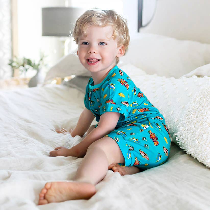 Calypso Fish Short Two-Way Zippy Romper with Faux Buttons