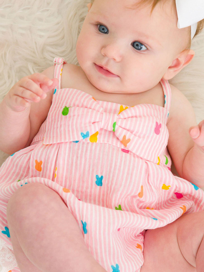 Baby Girls Pink Bunny Stripe Cotton Gauze Bow Front Bubble Woven Romper