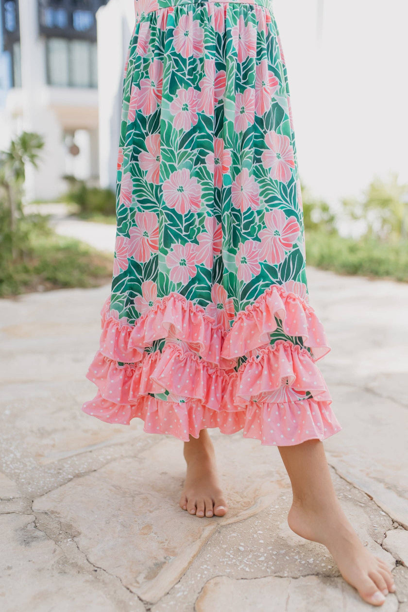 3 Tiered Pink Green Tropical Spring Ruffles Dress