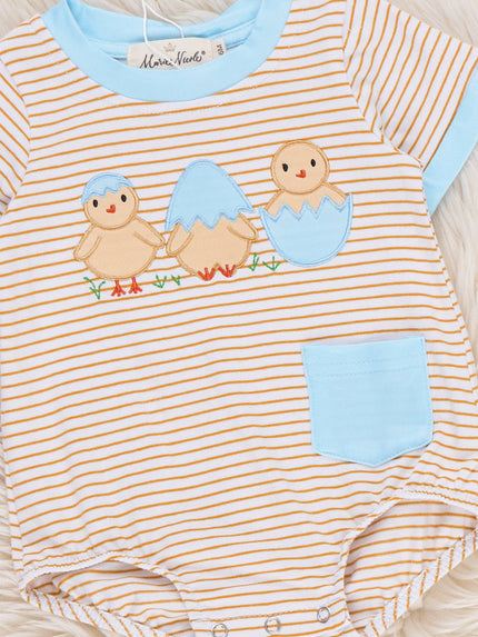 Peeping Chicks Striped Embroidered Cotton Onesie