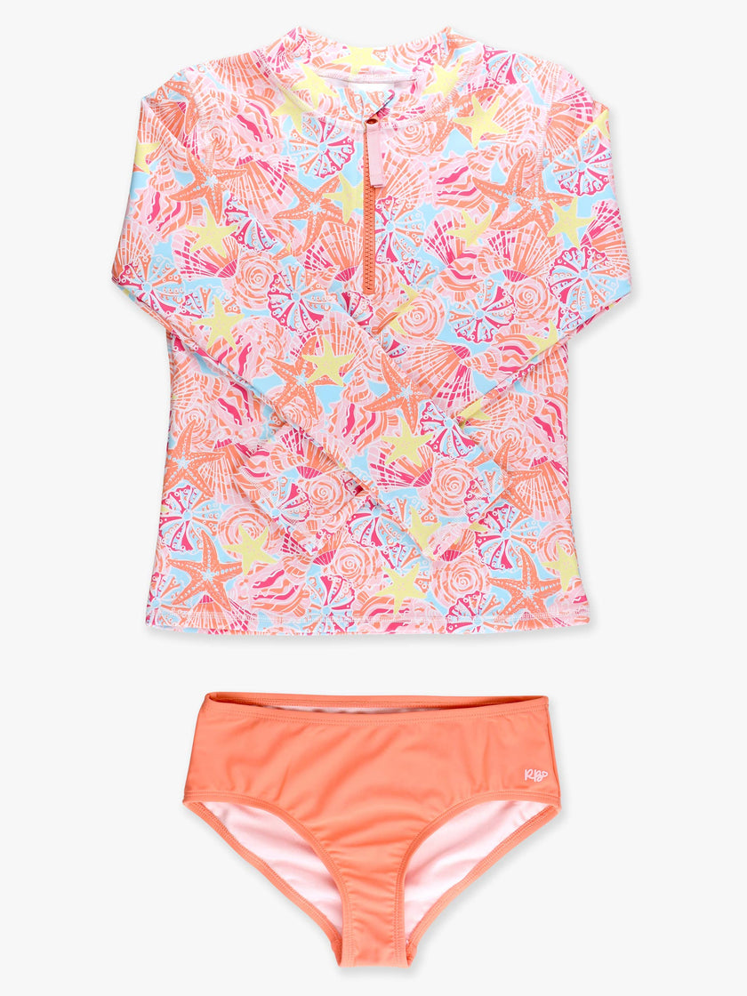 Tween Girls Sunset Seashells Long Sleeve Zipper Rash Guard 2-Piece Swimsuit