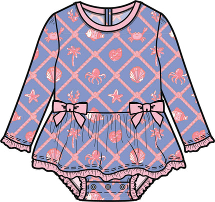 Baby Girls Tropical Trellis Long Sleeve One Piece Bow Peplum Rash Guard Swimsuit with Signature Rear Ruffles