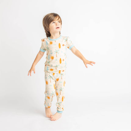 Chasing Waves Surfboard Two-Piece Bamboo Short Sleeve Kids Pajama Pants Set