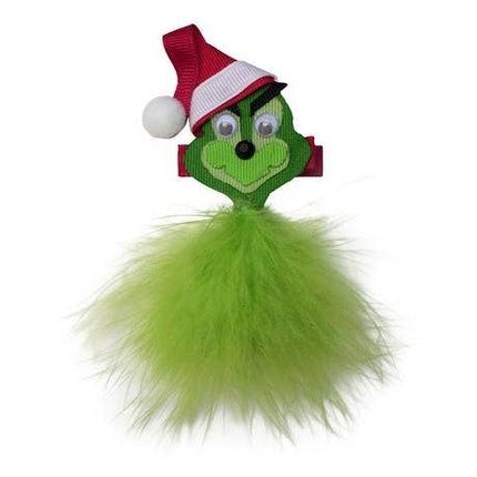 Turn your little one's outfit into a festive masterpiece with our Grinch hair accessory! Inspired by the iconic Christmas character, this ribbon sculpture adds a playful touch to any holiday look. Embrace the Grinch's quirky spirit and style with this unique accessory. Hand crafted in the United States. They are great for stacking on other bows. It has a single prong alligator clip. Approximate size: 2