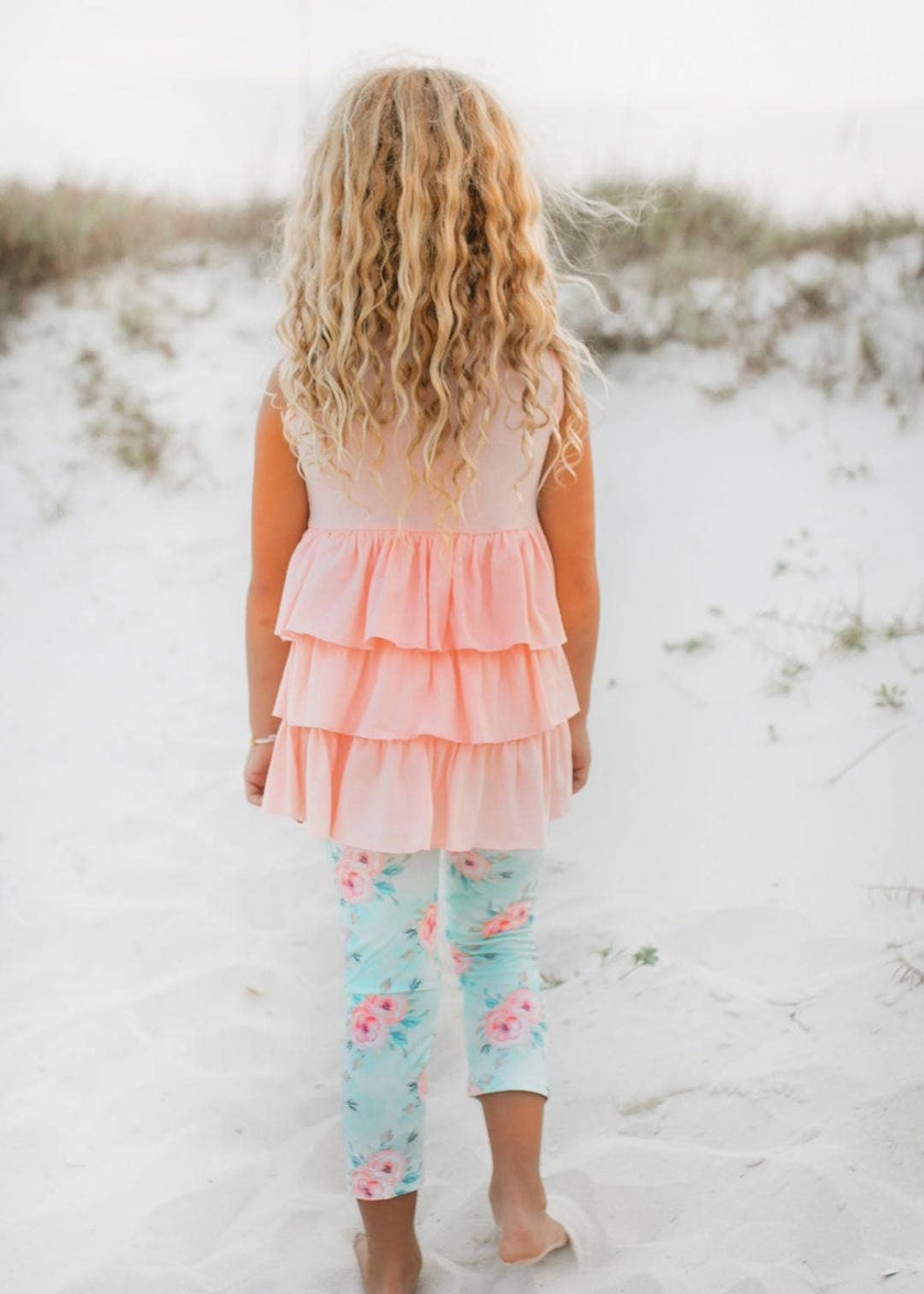 Peach Teal Floral Tiered Ruffle Button Spring Set
