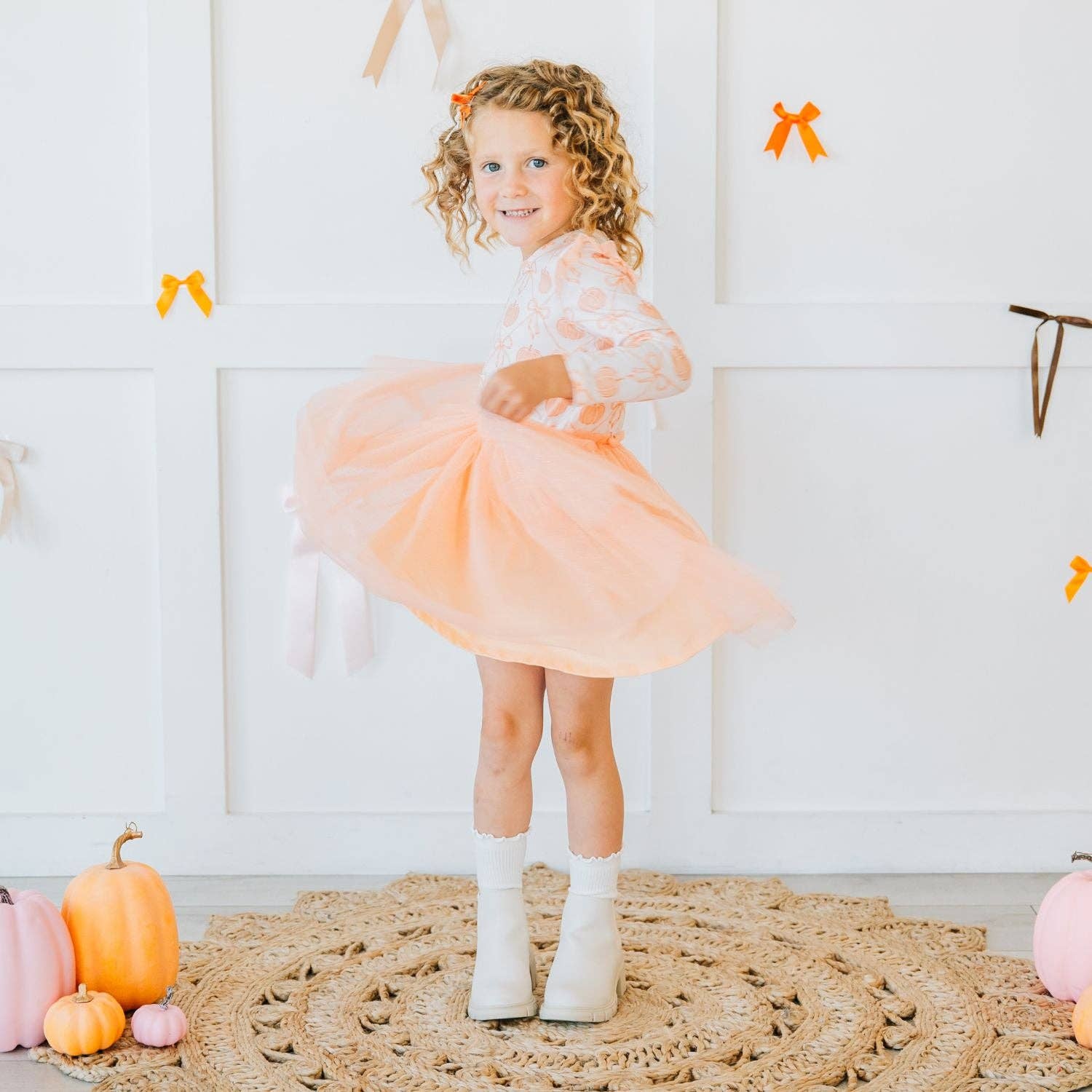 Pumpkin Bow Trellis Long Sleeve Tutu Dress - Kids Clothing