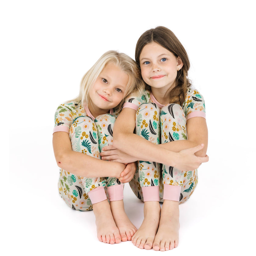 Tropical Blooms Two-Piece Bamboo Short Sleeve Pajama Kids Pants Set
