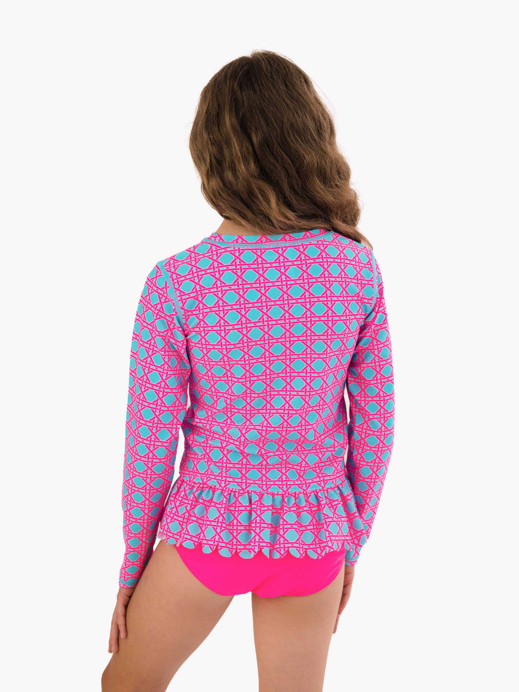 Tween Girls Neon Sorbet Cane Scallop Hem Long Sleeve Rash Guard 2-Piece Swimsuit