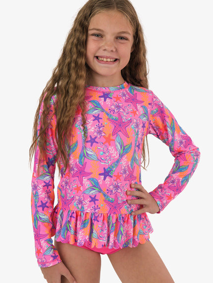 Tween Girls Neon Shimmer Mermaid Scallop Hem Long Sleeve Rash Guard 2-Piece Swimsuit