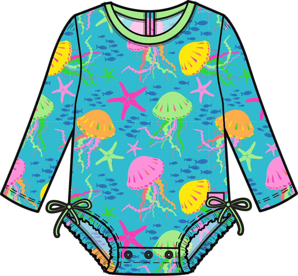 Baby Girls Neon Jelly Time Long Sleeve One Piece Rash Guard Swimsuit
