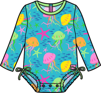 Baby Girls Neon Jelly Time Long Sleeve One Piece Rash Guard Swimsuit