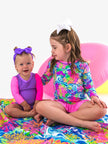 Girls Neon Ocean Coral Long Sleeve Rash Guard 2-Piece Swimsuit with Signature Rear Ruffles