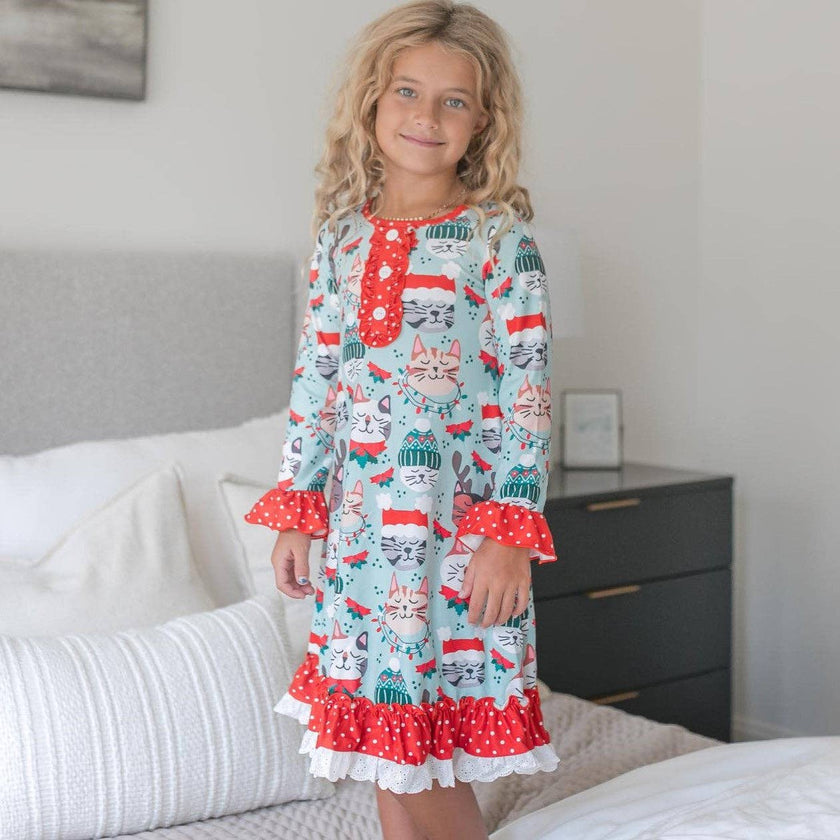 Kids Christmas Holiday Cat Ruffle Lounge Play Gown