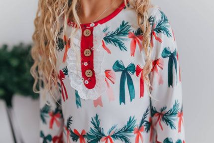 Kids Holly & Bows Christmas Holiday Lace Ruffle Lounge Gown