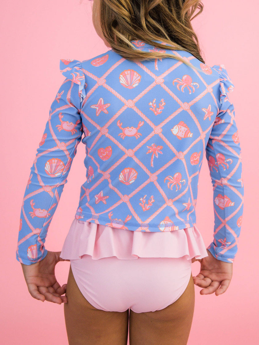 Girls Tropical Trellis Flutter Long Sleeve Rash Guard Skirted 2-Piece Swimsuit