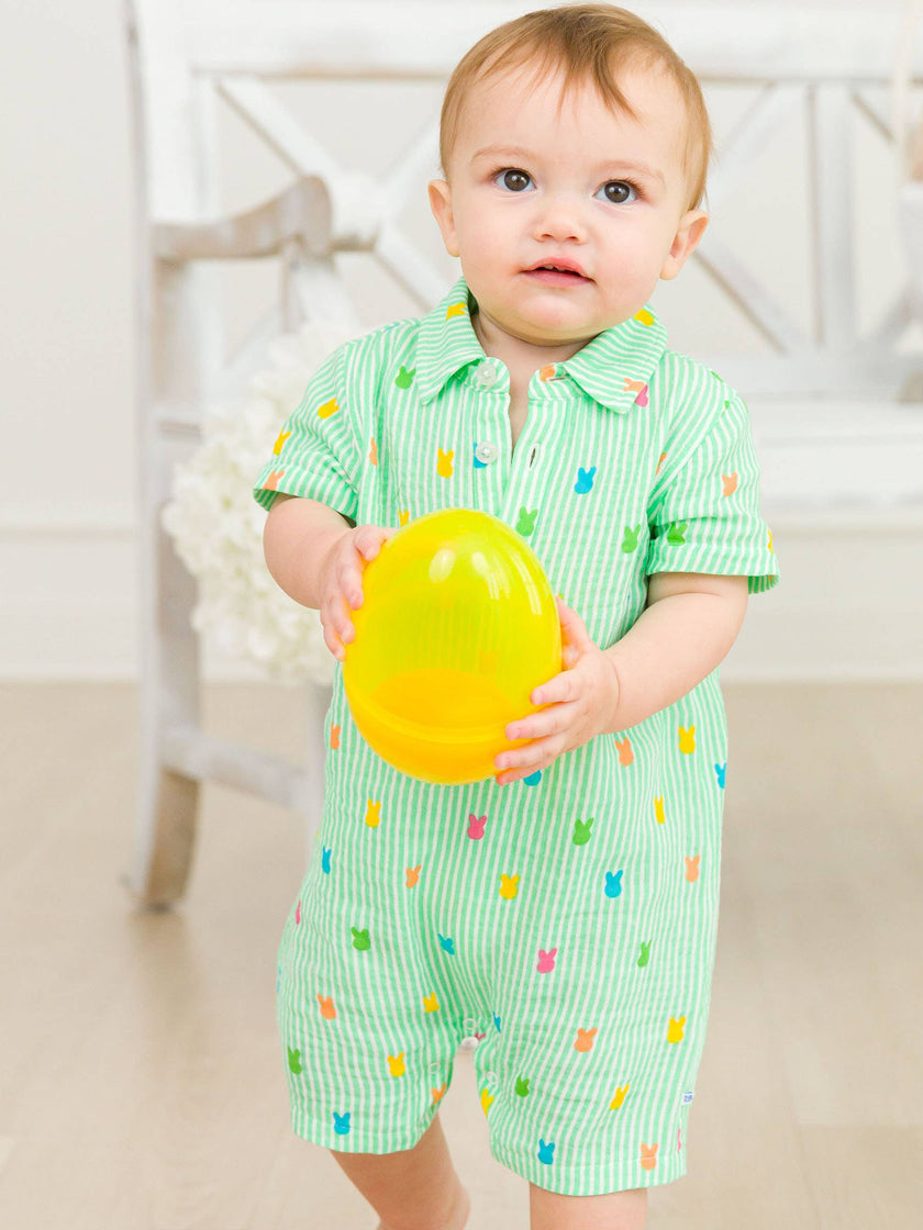 Baby Boys Green Bunny Stripe Cotton Gauze Button-Up Romper