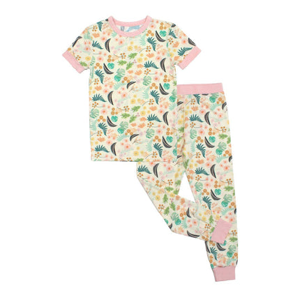 Tropical Blooms Two-Piece Bamboo Short Sleeve Pajama Kids Pants Set
