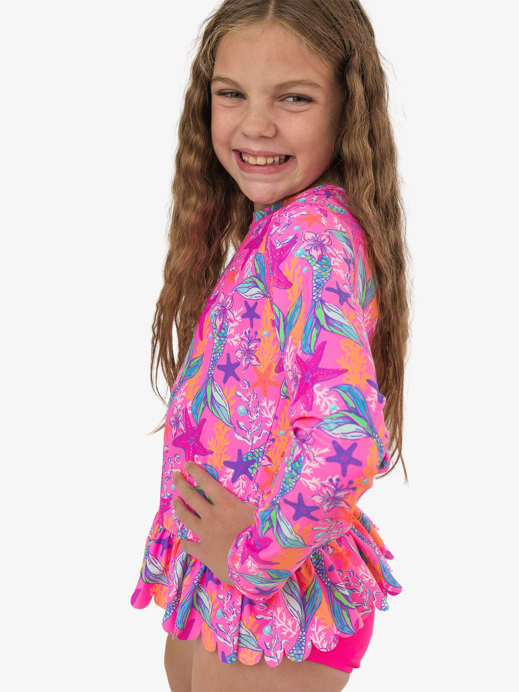 Tween Girls Neon Shimmer Mermaid Scallop Hem Long Sleeve Rash Guard 2-Piece Swimsuit
