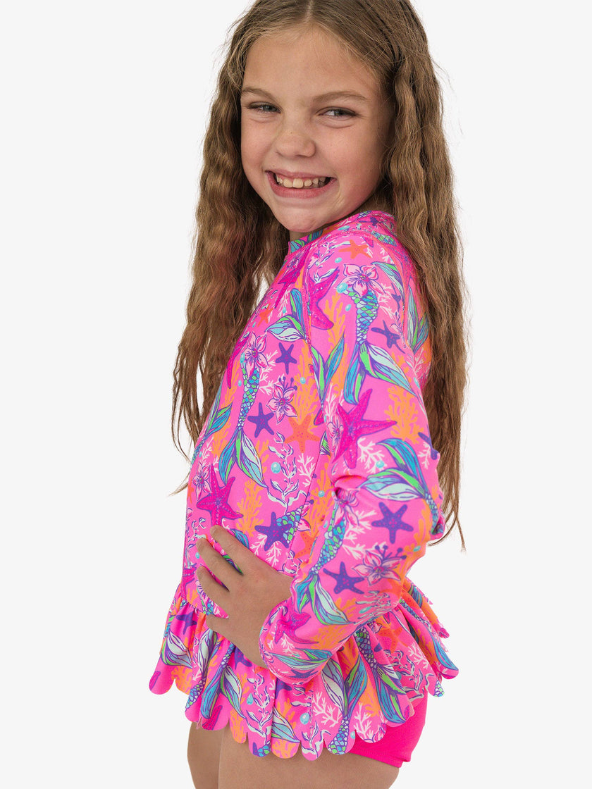 Tween Girls Neon Shimmer Mermaid Scallop Hem Long Sleeve Rash Guard 2-Piece Swimsuit