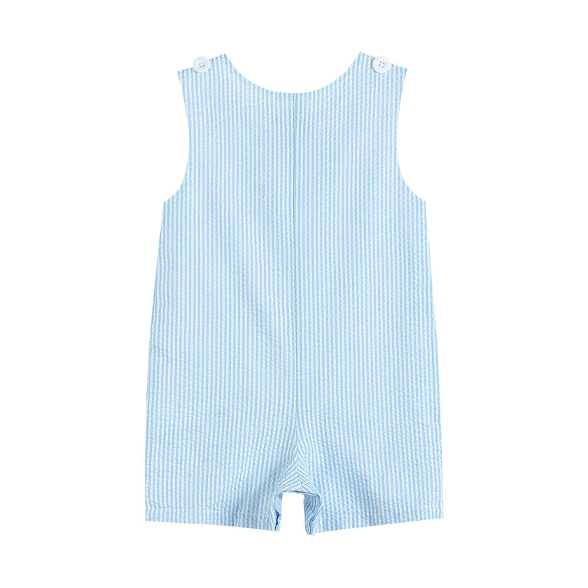 Light Blue Seersucker Fuzzy Bunny Shortalls