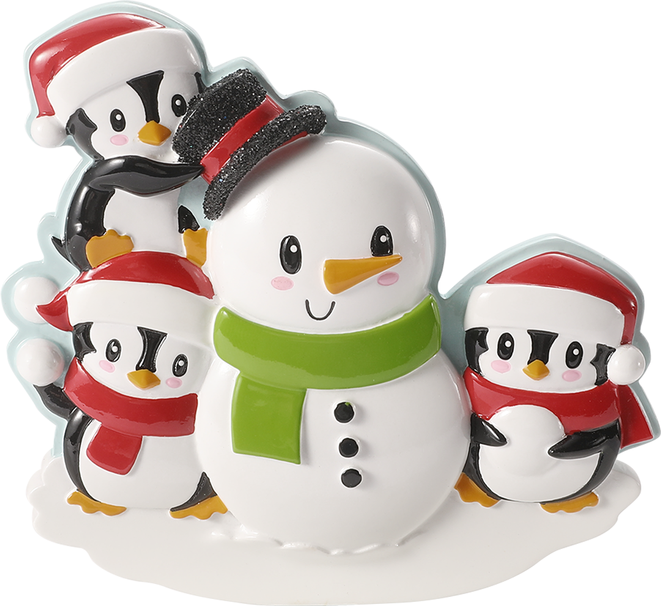 Penguin Family Building a Snowman Personalized Ornament
