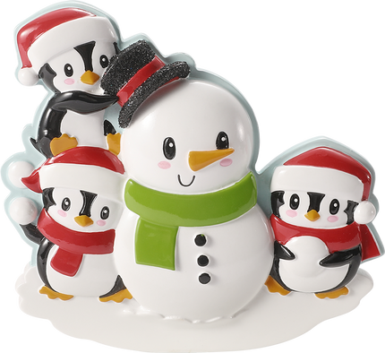 Penguin Family Building a Snowman Personalized Ornament