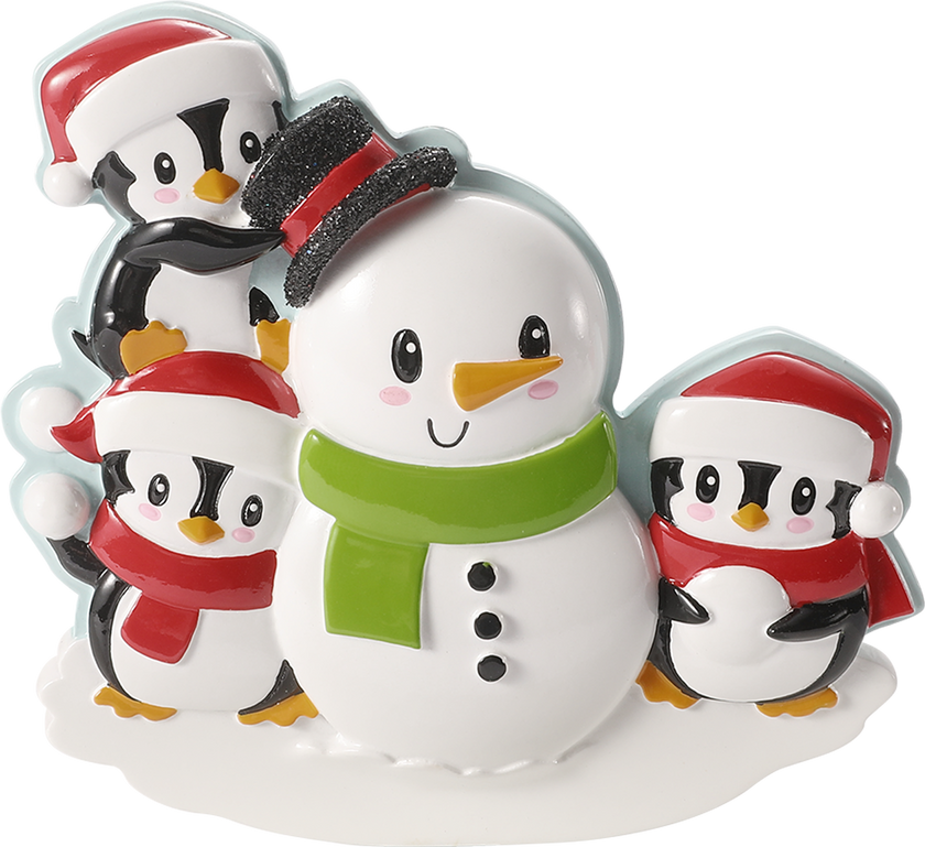 Penguin Family Building a Snowman Personalized Ornament