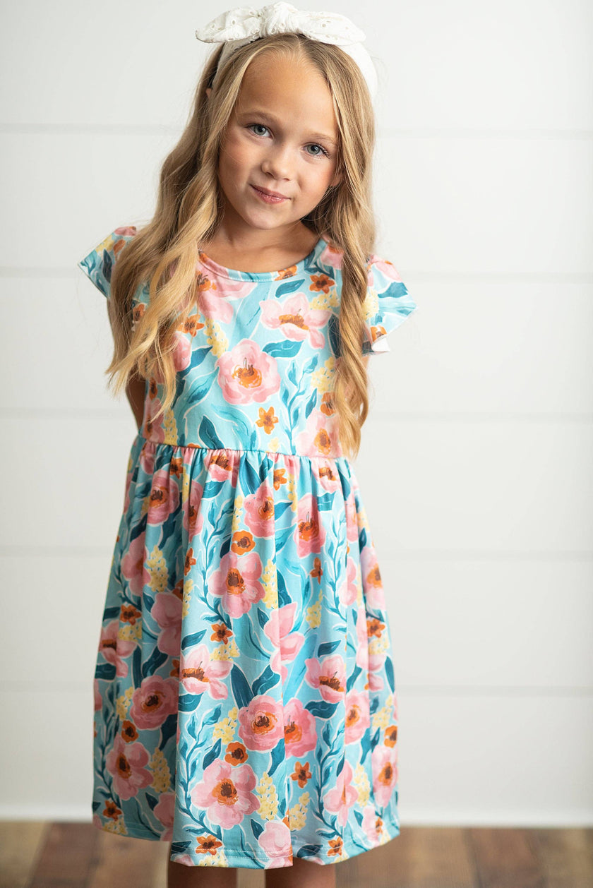 Girls Claire Teal & Pink Floral Spring Summer Twirl Dress