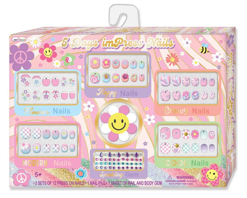 Create A stylish unique look with these easy to apply press on nails and fun stickers. Contains: 5 Sets of 12 press on Nails 1 Nail File 1 Sheet of Nail and Body Gems