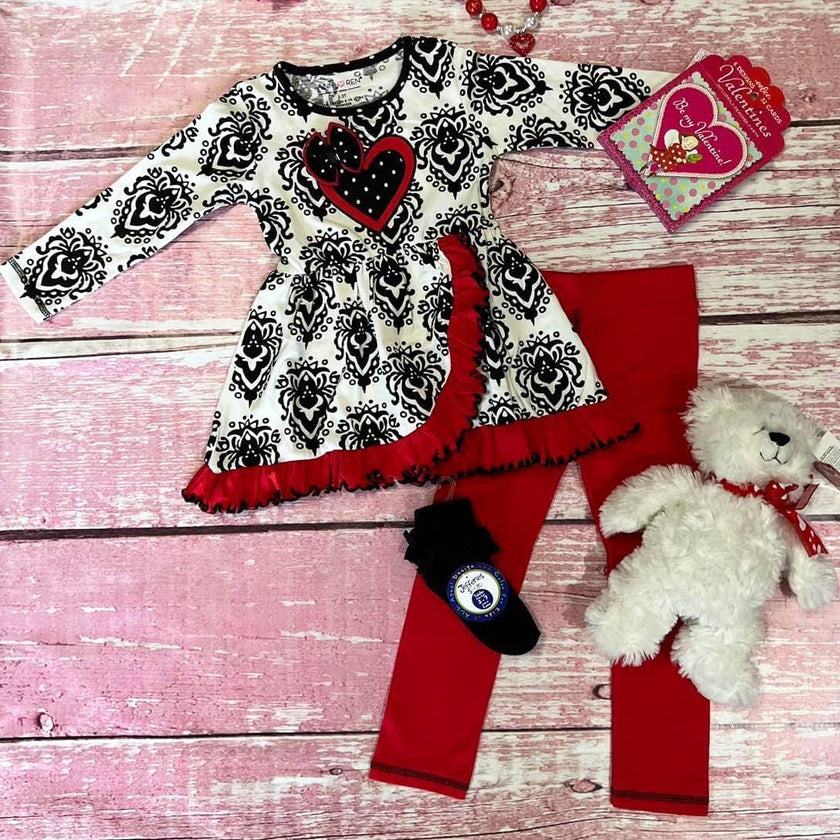 Damask Heart Top & Red Leggings Girls Valentine's Day Outfit