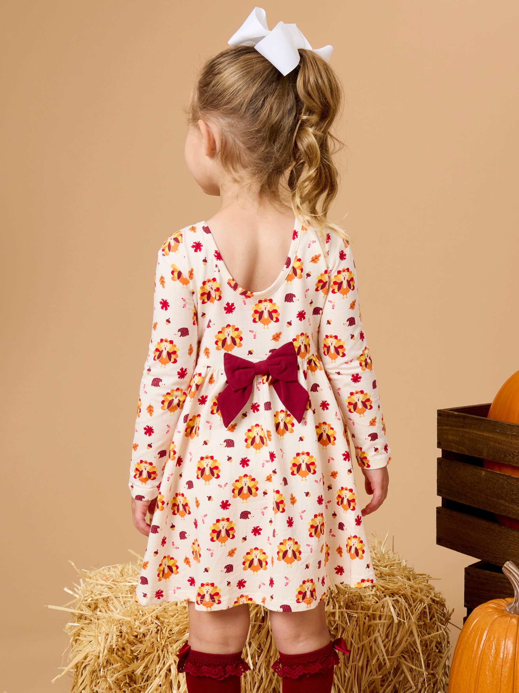 Girls Thanksgiving Turkey Gobble Knit Long Sleeve Twirl Dress