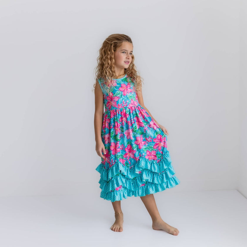 Pink Blue Tropical 3 Ruffle Spring Summer Easter Dress