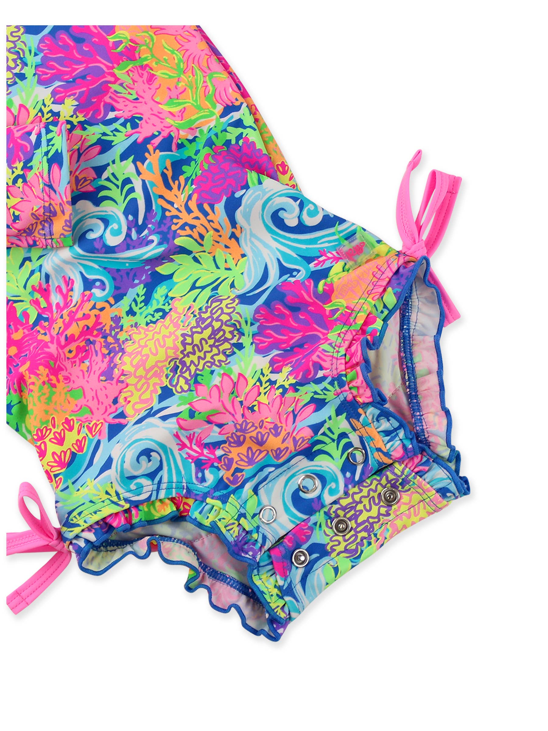 Baby Girls Neon Ocean Coral Long Sleeve One Piece Rash Guard Swimsuit with Signature Rear Ruffles