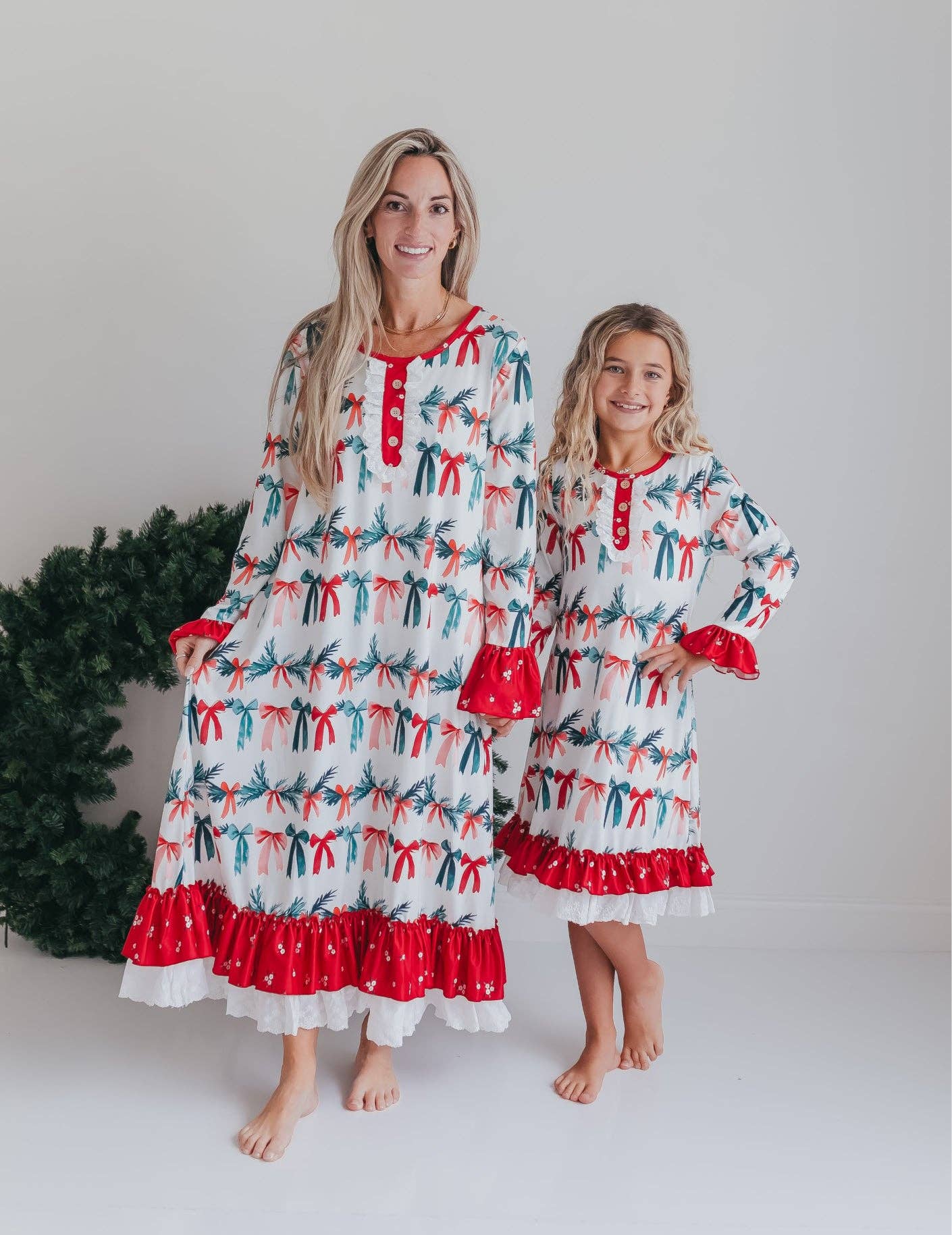 Kids Holly & Bows Christmas Holiday Lace Ruffle Lounge Gown