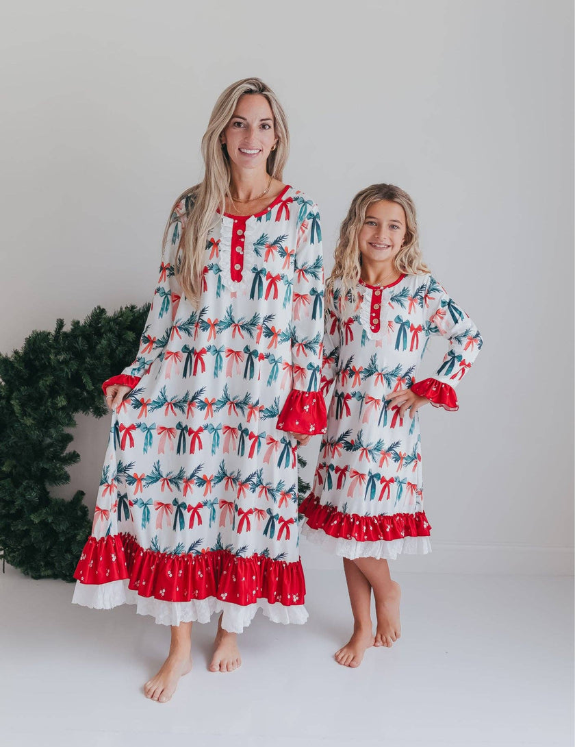 Kids Holly & Bows Christmas Holiday Lace Ruffle Lounge Gown