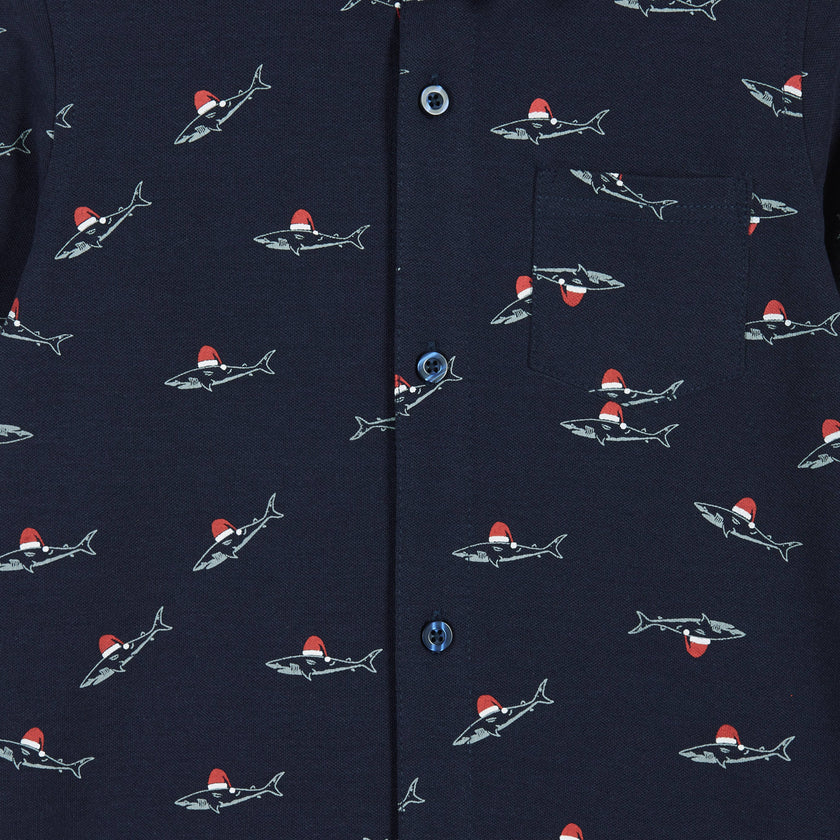 Boys Baby Holiday Knit Buttondown Set - Navy Sharks Design