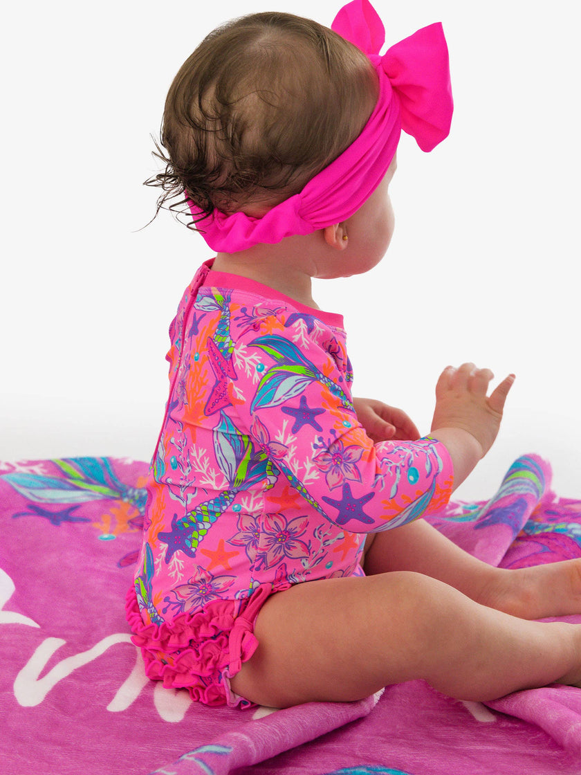 Baby Girls Neon Shimmer Mermaid Long Sleeve One Piece Rash Guard Swimsuit with Signature Rear Ruffles